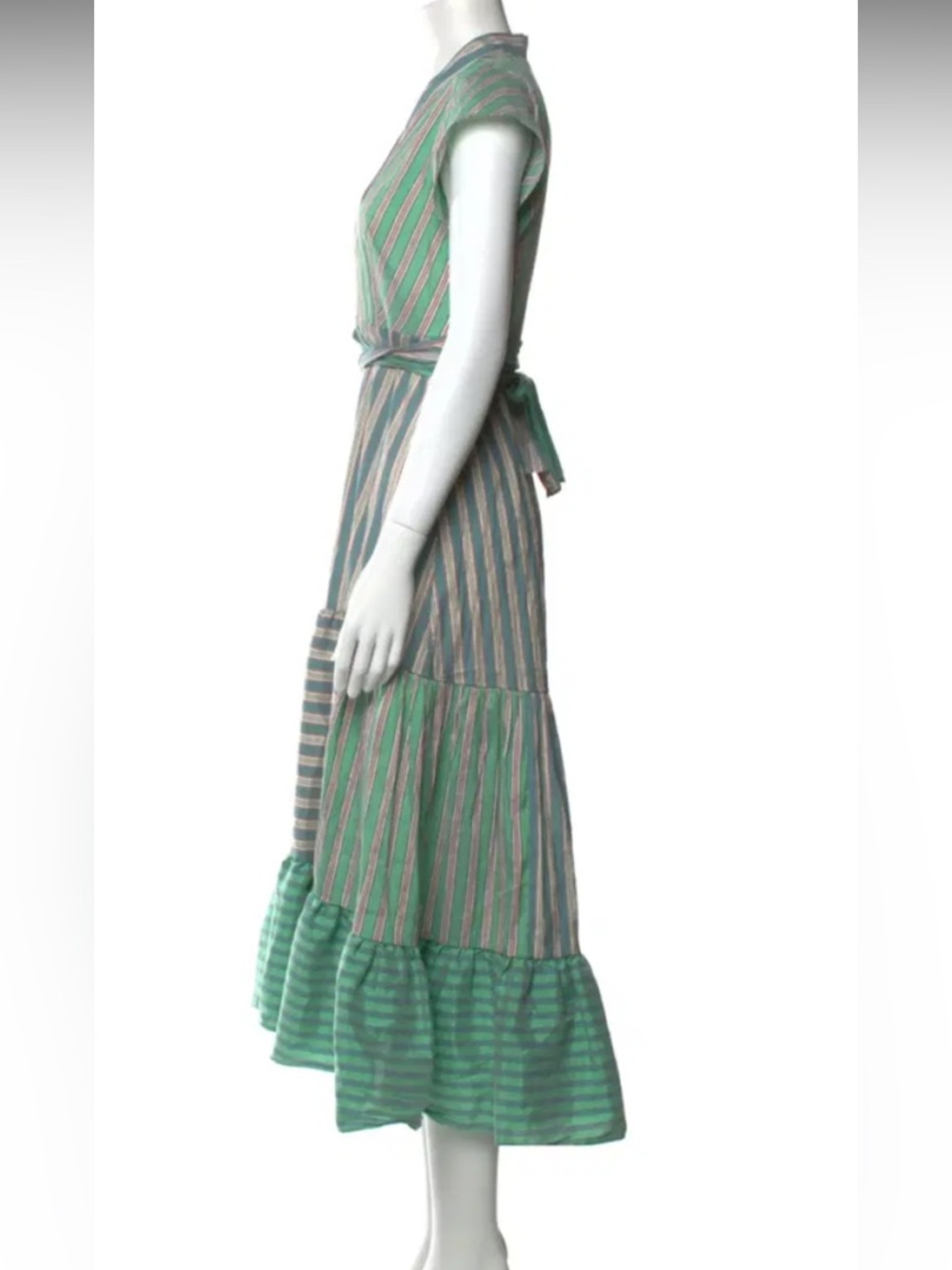 Sandro Green and Gray Striped Wrap Midi Dress - Picture 2 of 4